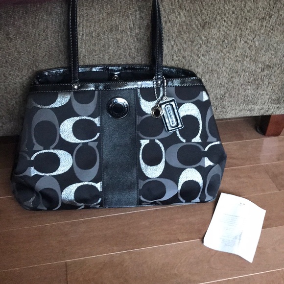 Coach Handbags - Coach Tote Purse Black and Silver Monogram